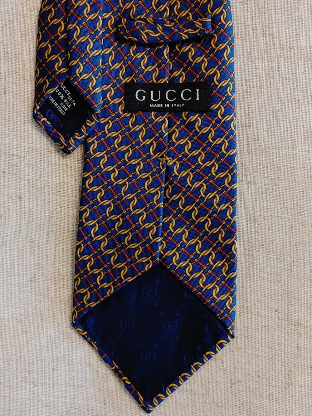 Vintage GUCCI Navy Blue Silk Chain Link Luxury Tie Made In Italy